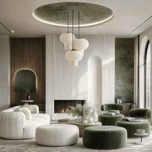 Modern Velvet Green & Cream Living Room Set